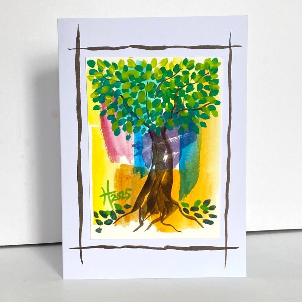 Pop Art Tree Original Watercolor Painting 5x7in Blank Greeting Card and Envelope